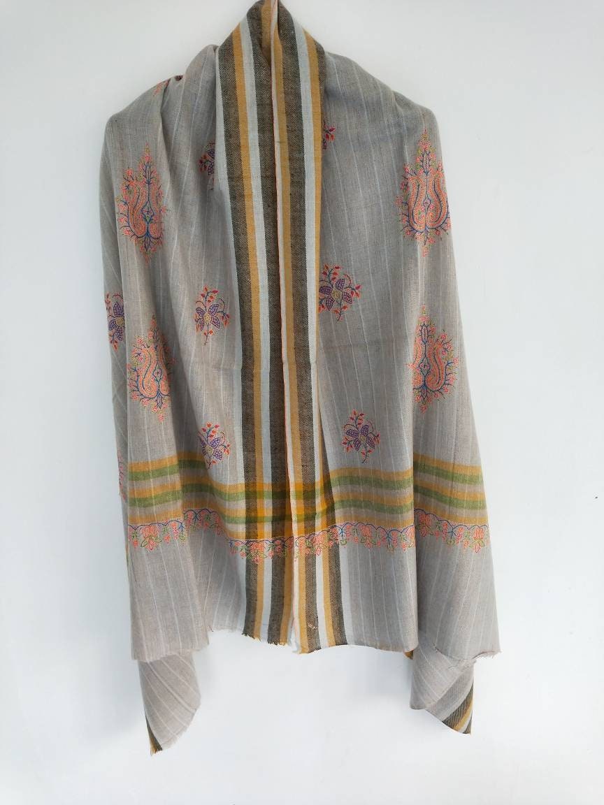 Sozni embroidered striped checkered multicolor Handmade Cashmere shawl, wedding shawl, anniversary wrap, christmas gift, girl friend's gift.