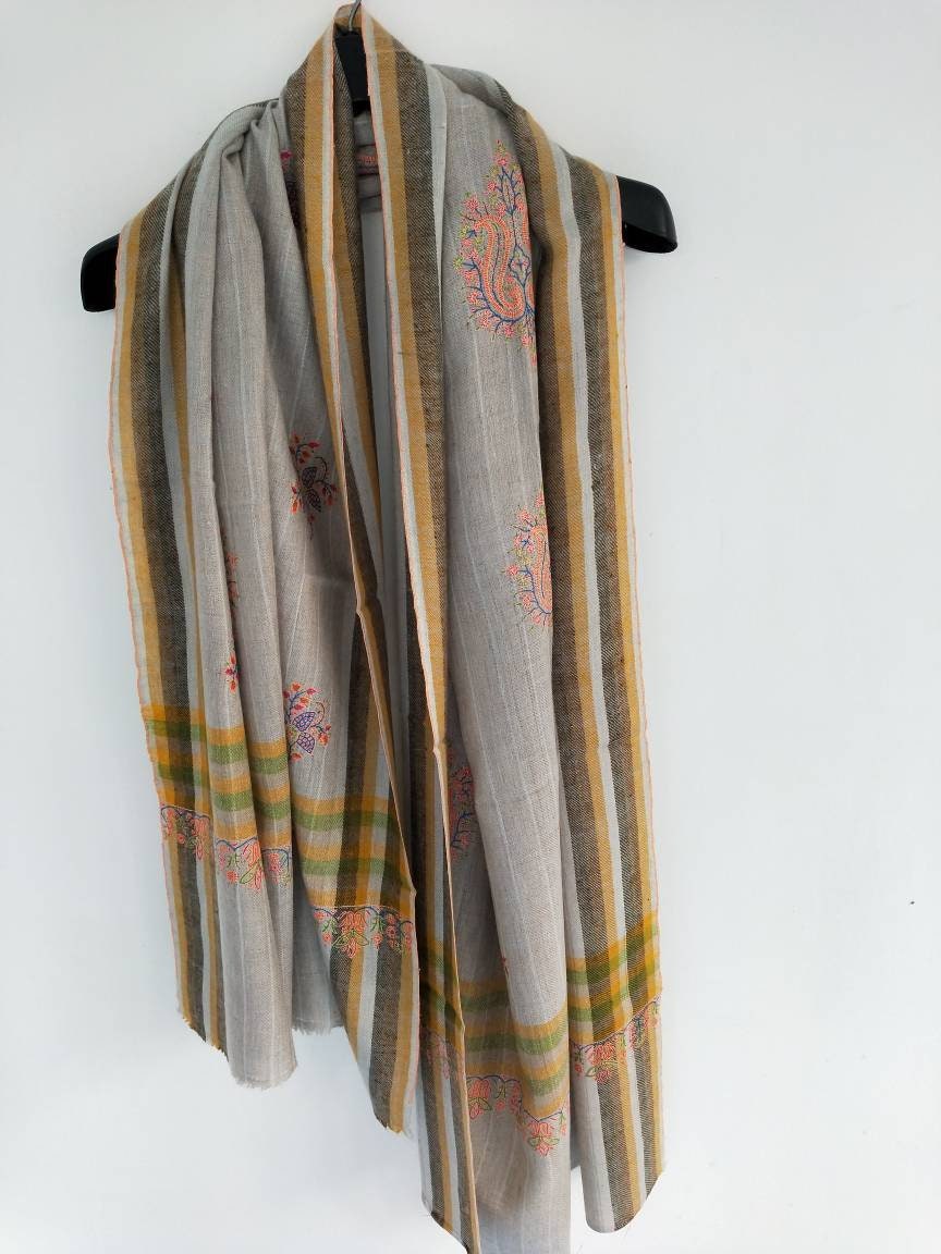 Sozni embroidered striped checkered multicolor Handmade Cashmere shawl, wedding shawl, anniversary wrap, christmas gift, girl friend's gift.