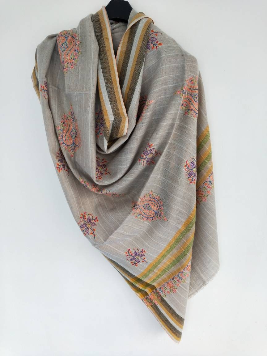 Sozni embroidered striped checkered multicolor Handmade Cashmere shawl, wedding shawl, anniversary wrap, christmas gift, girl friend's gift.