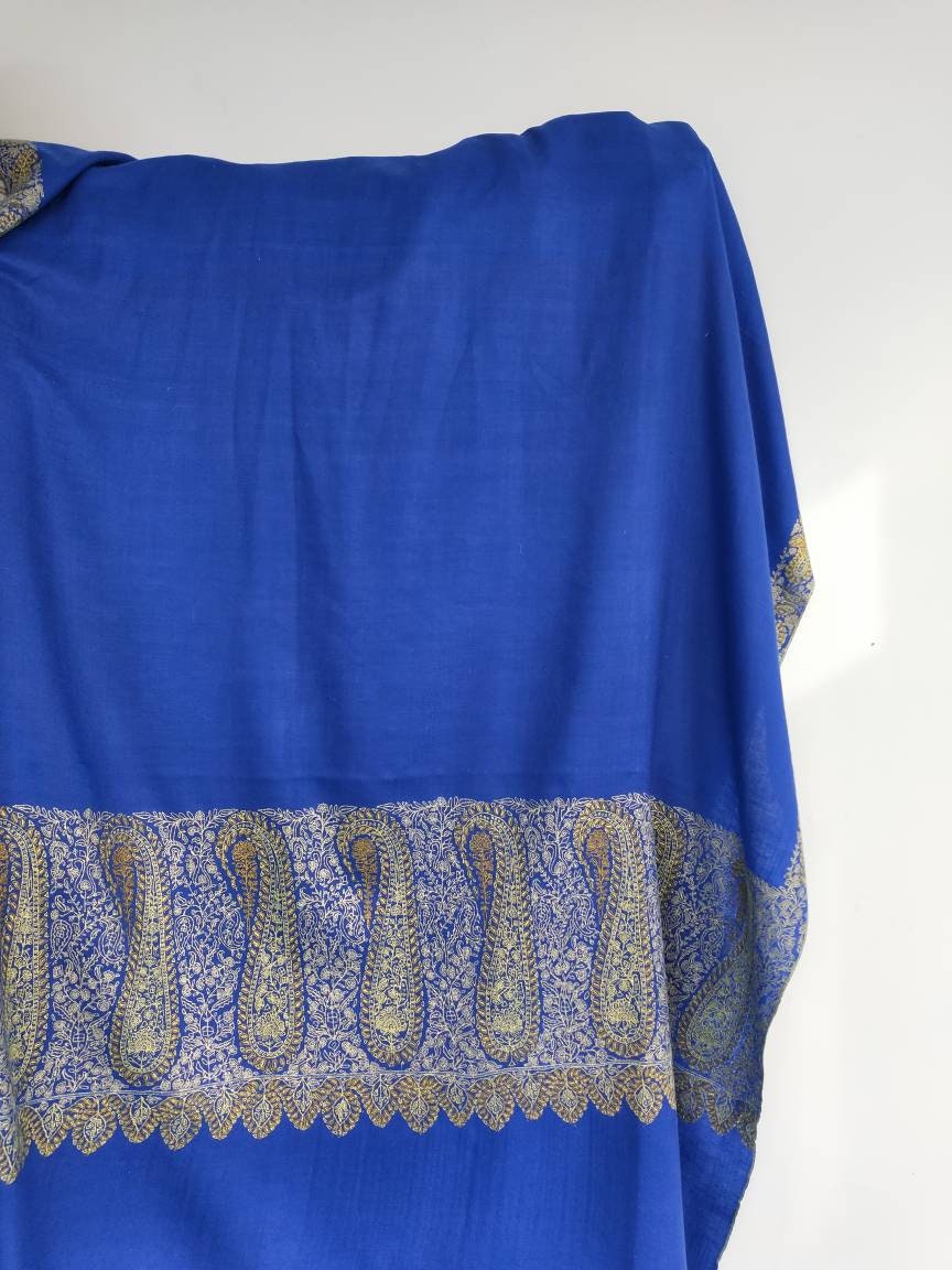 Royal Blue premium Cashmere sozni embroidered shawl, wedding wrap, anniversary gift. 105 x 205 cm large wrap