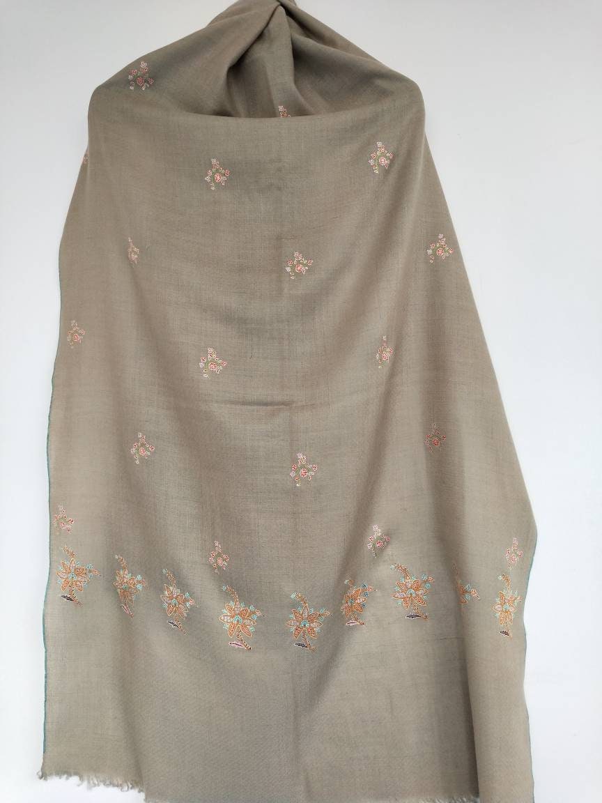 Baby Cashmere handloom and sozni embroidered kashmiri pashmina mint color scarf, meditation shawl, bridesmaid, Girlfriend Valentine's gift