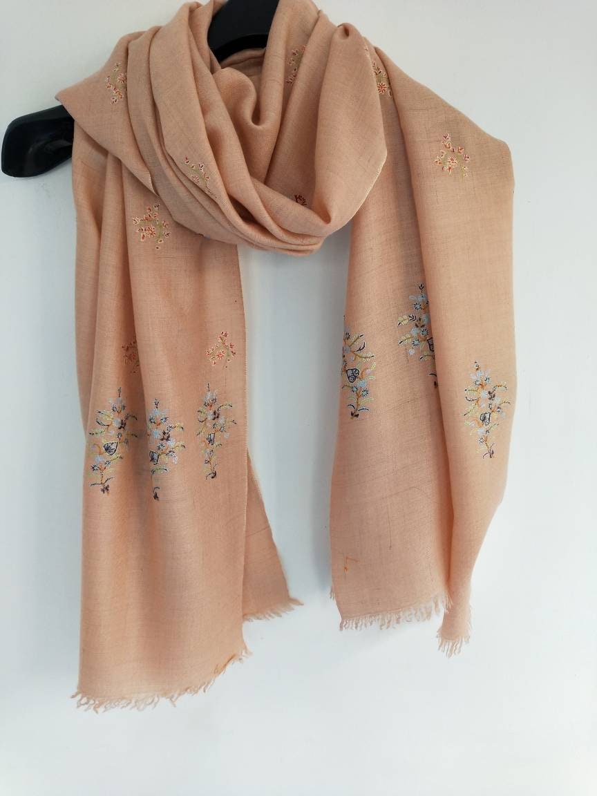 Baby cashmere Handweaved and hand embroidered scintillating peach kashmir pashmina shawl, anniversary scarf, valentine scarf, fashion wrap.