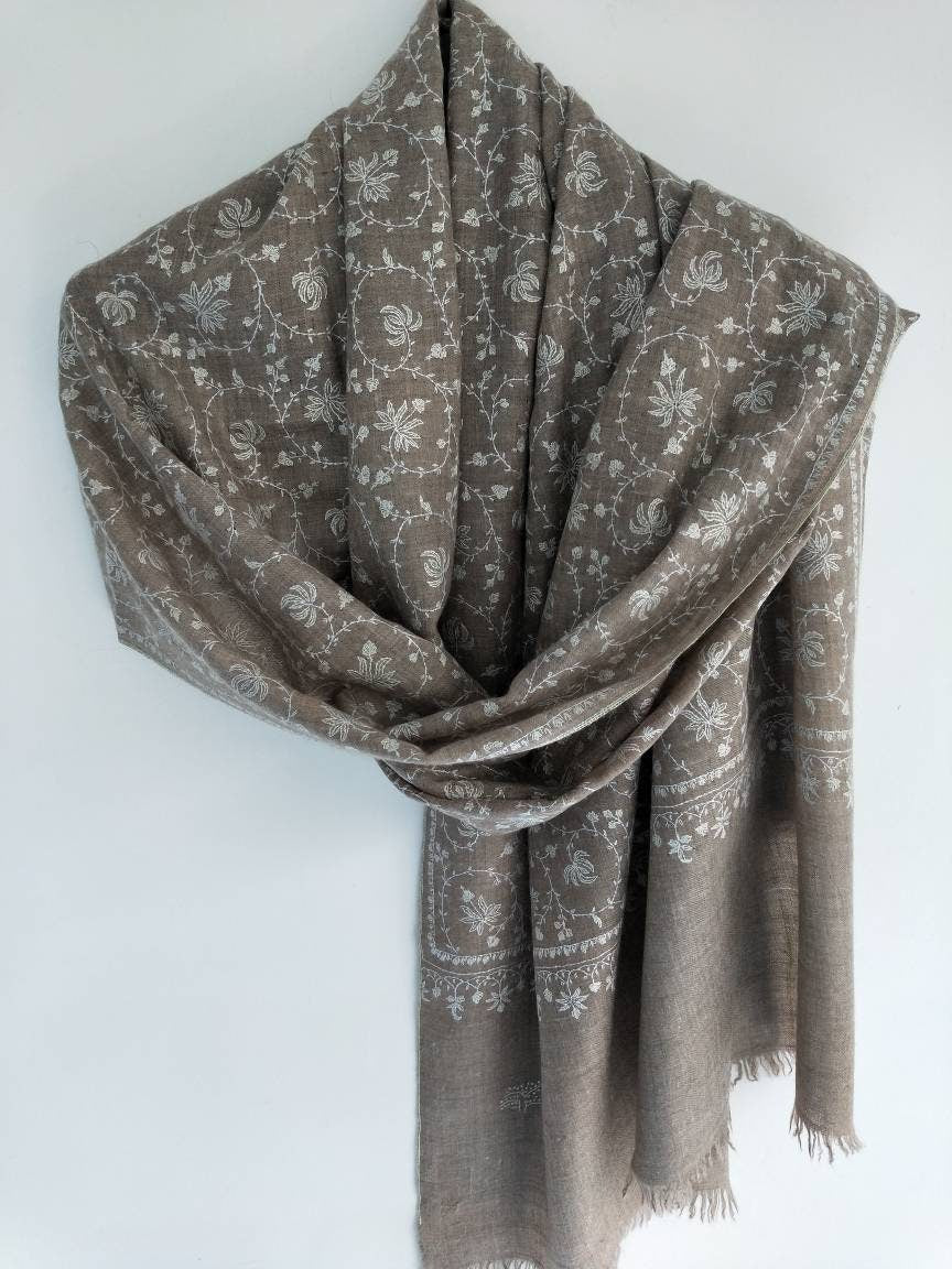 Handloom and hand embroidered 100% original kashmiri Pashmina Shawl, Tan color cashmere, Bridesmaid gift, wedding wrap, Valentine's gift.
