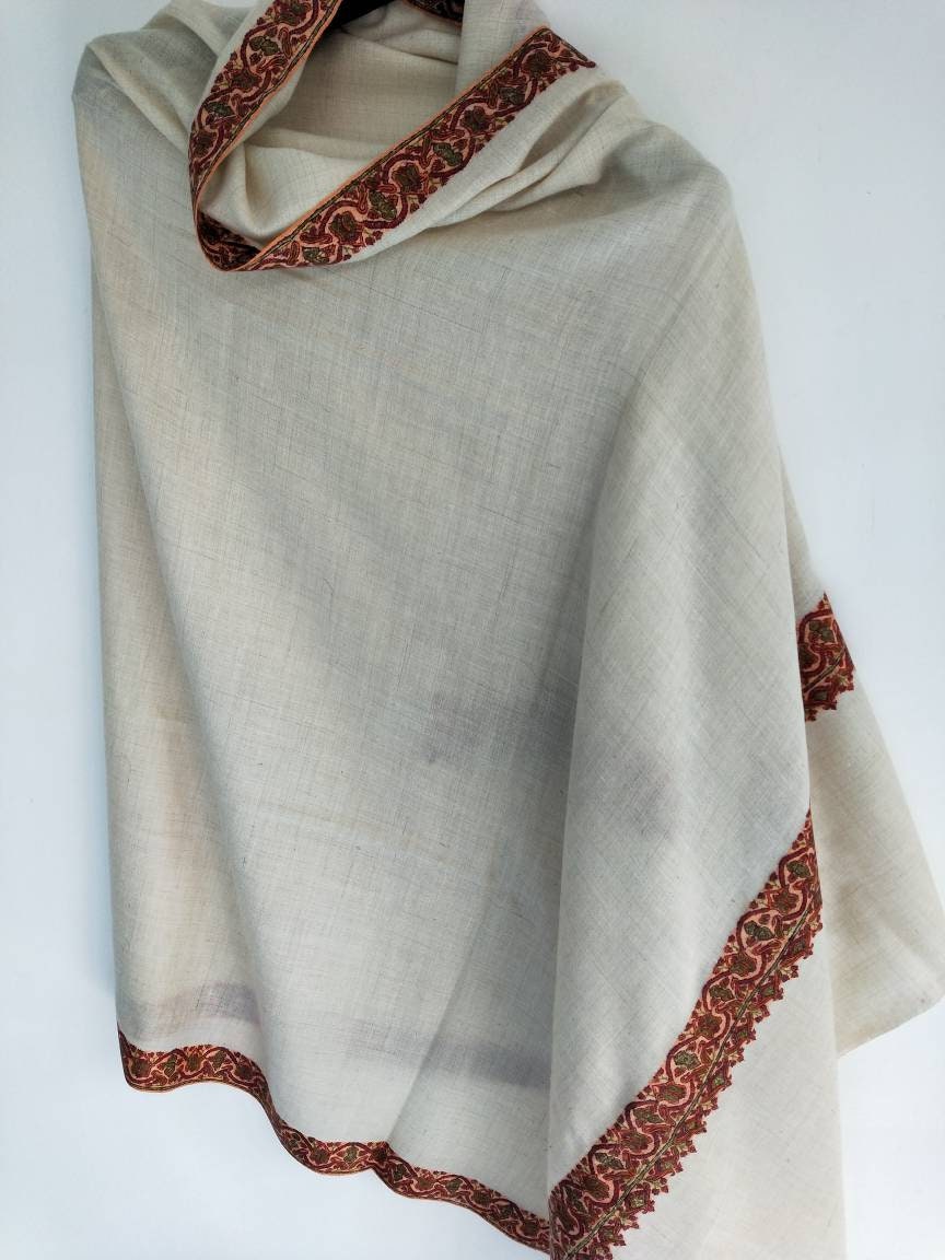 Premium Cashmere sozni embroidered white shawl, Bridesmaid gift, wedding scarf, 105 x 205 cm big size shrug