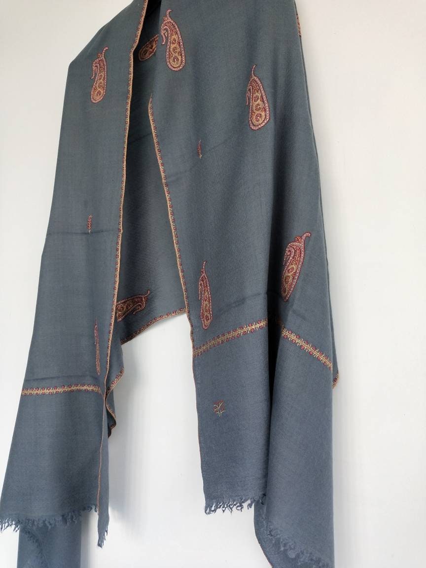 Handcrafted exclusive 100% pure kashmir pashmina Grey color shawl in paisley embroidery,luxurious cashmere,anniversary gift, Mother's gift