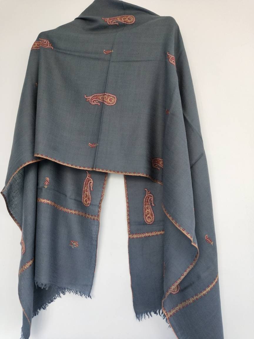 Handcrafted exclusive 100% pure kashmir pashmina Grey color shawl in paisley embroidery,luxurious cashmere,anniversary gift, Mother's gift