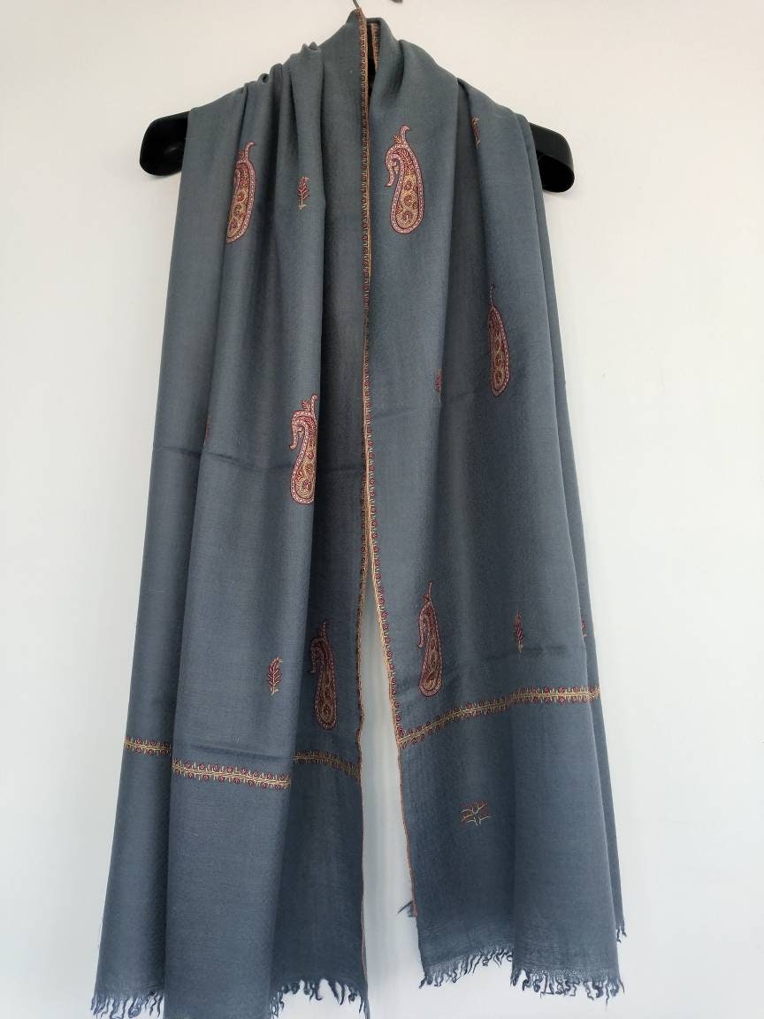 Handcrafted exclusive 100% pure kashmir pashmina Grey color shawl in paisley embroidery,luxurious cashmere,anniversary gift, Mother's gift