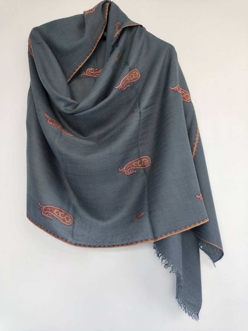Handcrafted exclusive 100% pure kashmir pashmina Grey color shawl in paisley embroidery,luxurious cashmere,anniversary gift, Mother's gift