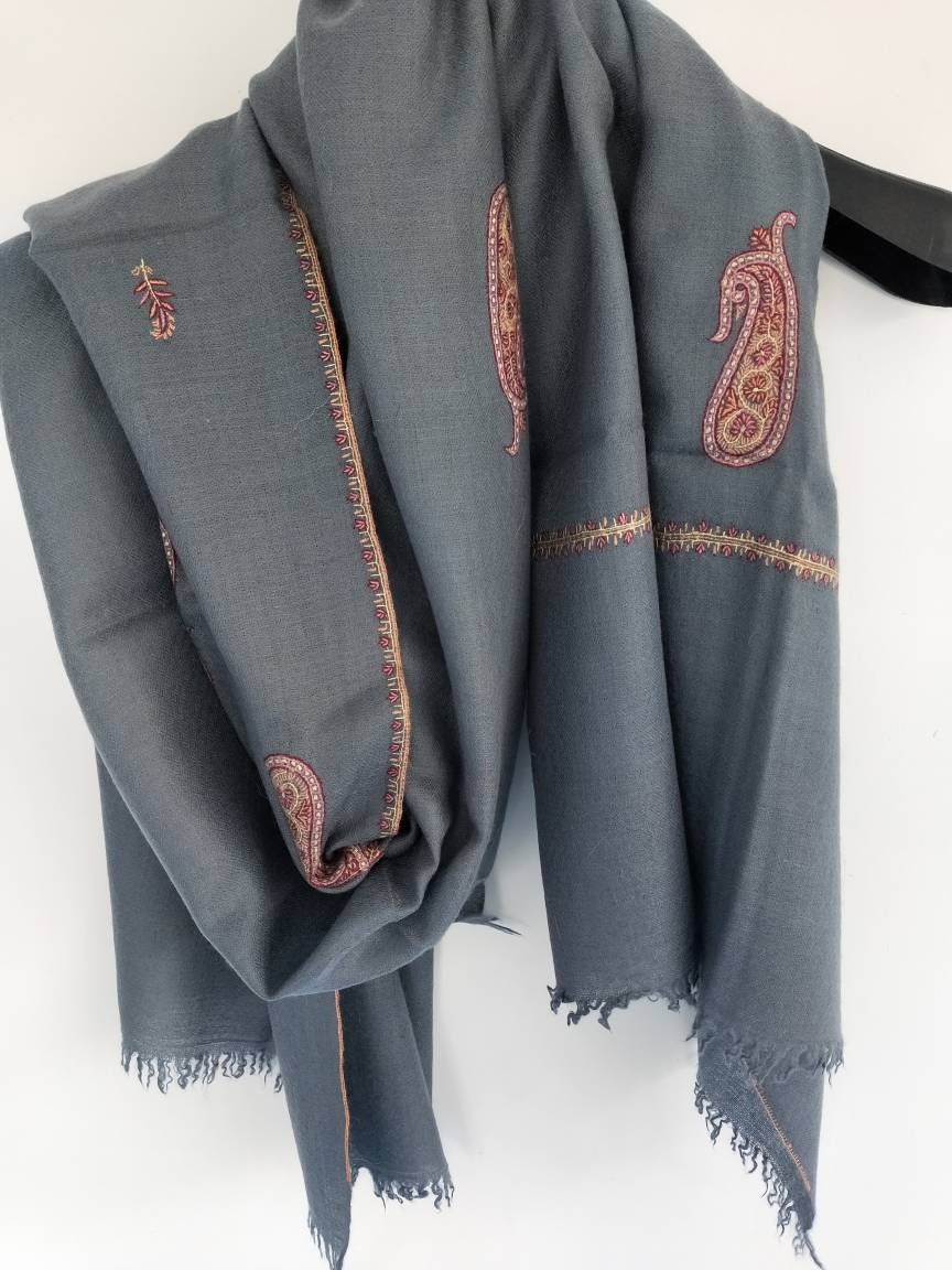 Handcrafted exclusive 100% pure kashmir pashmina Grey color shawl in paisley embroidery,luxurious cashmere,anniversary gift, Mother's gift