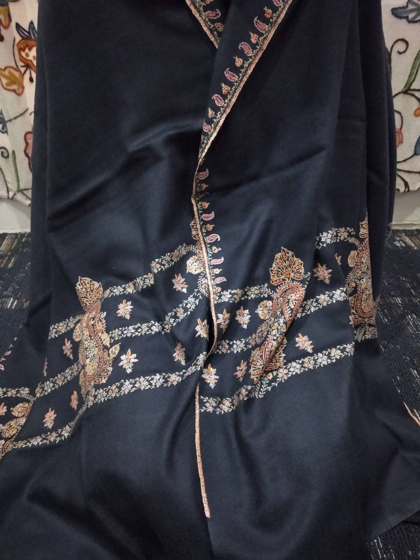 Handcrafted luxurious intricate sozni Palla embroidery on a Grey shawl, Gift that will last impression for decades, meditation stole