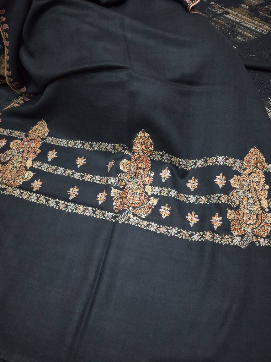 Handcrafted luxurious intricate sozni Palla embroidery on a Grey shawl, Gift that will last impression for decades, meditation stole