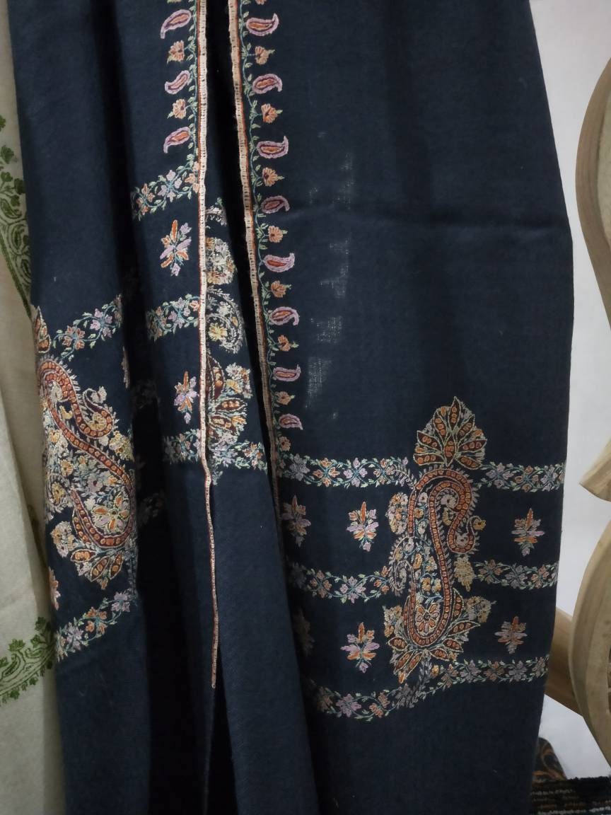 Handcrafted luxurious intricate sozni Palla embroidery on a Grey shawl, Gift that will last impression for decades, meditation stole