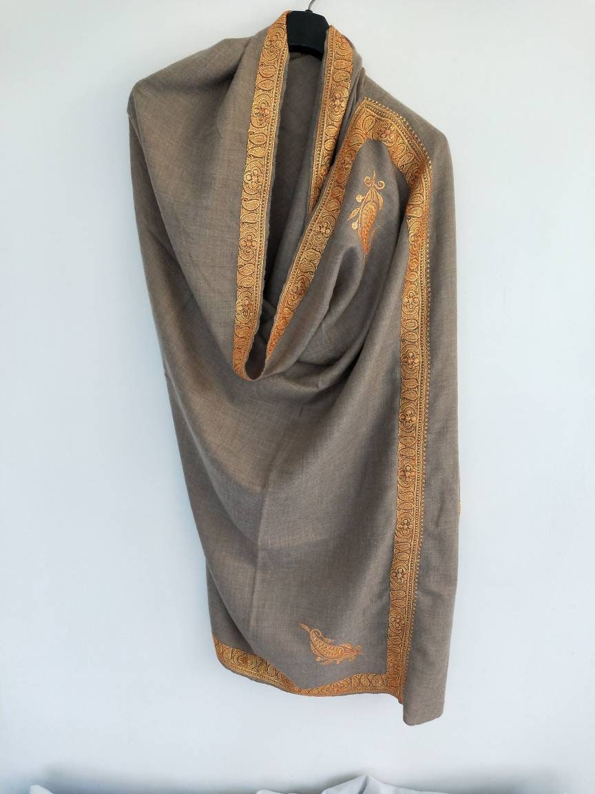 Handcrafted pure kashmir pashmina natural Tan shawl Hand tilla embroidery, Anniversary gift, Gift to bride, Bridal party gift, Bachelorette