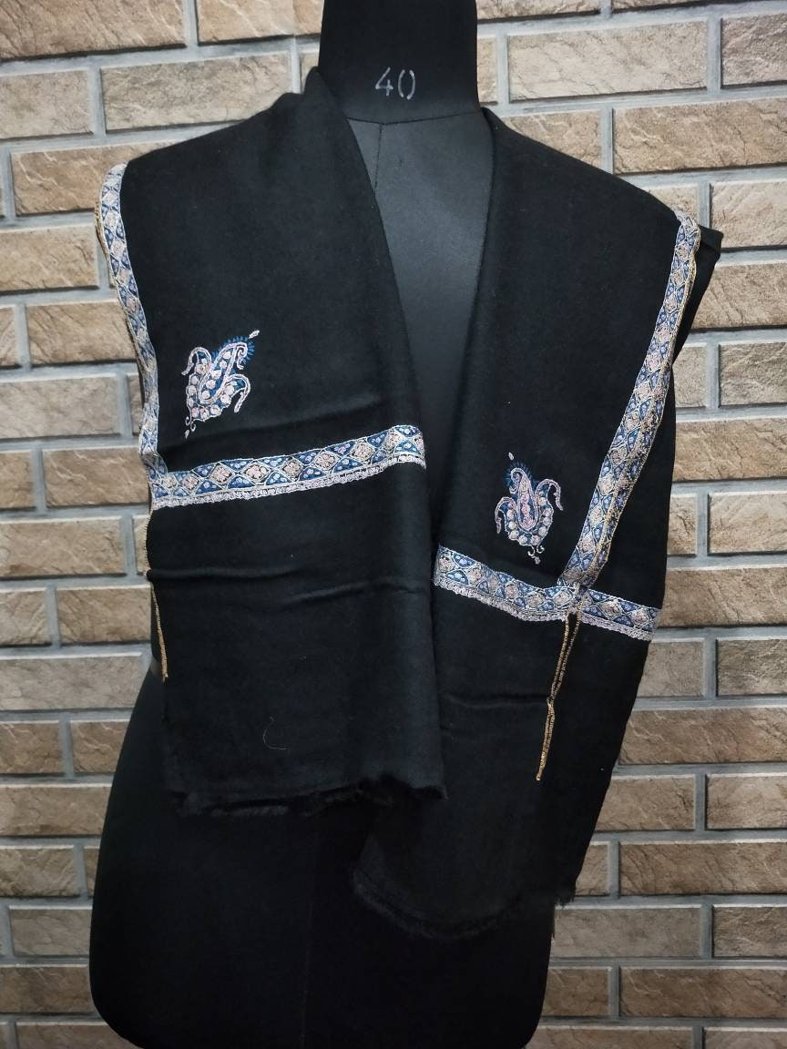 Black cashmere border embroidered pashmina, evening wrap, wedding shawl, cashmere stole, fashion Accessory, super soft light weight shawl