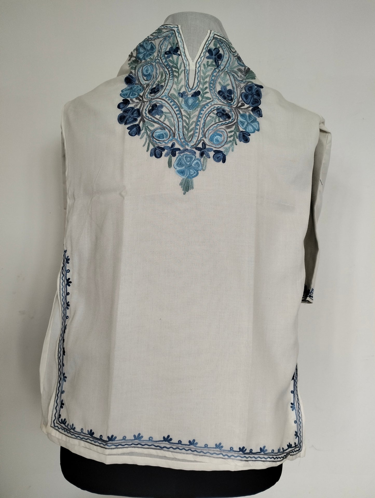 Kashmiri Aari work summer white cotton top, long Kashmir Kaftan