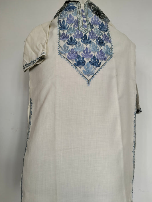 Kashmiri Aari work summer white cotton top, Kashmir Kaftan