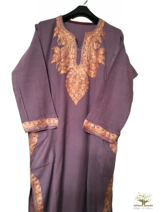 Light purple Aari work embroidered Pure Raffal Pheran