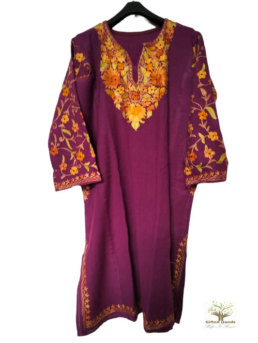 Magenta Aari work embroidered Pure Raffal Pheran