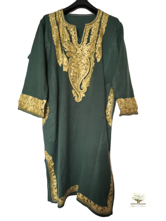 Khaki Green Aari work embroidered Pure Raffal Pheran