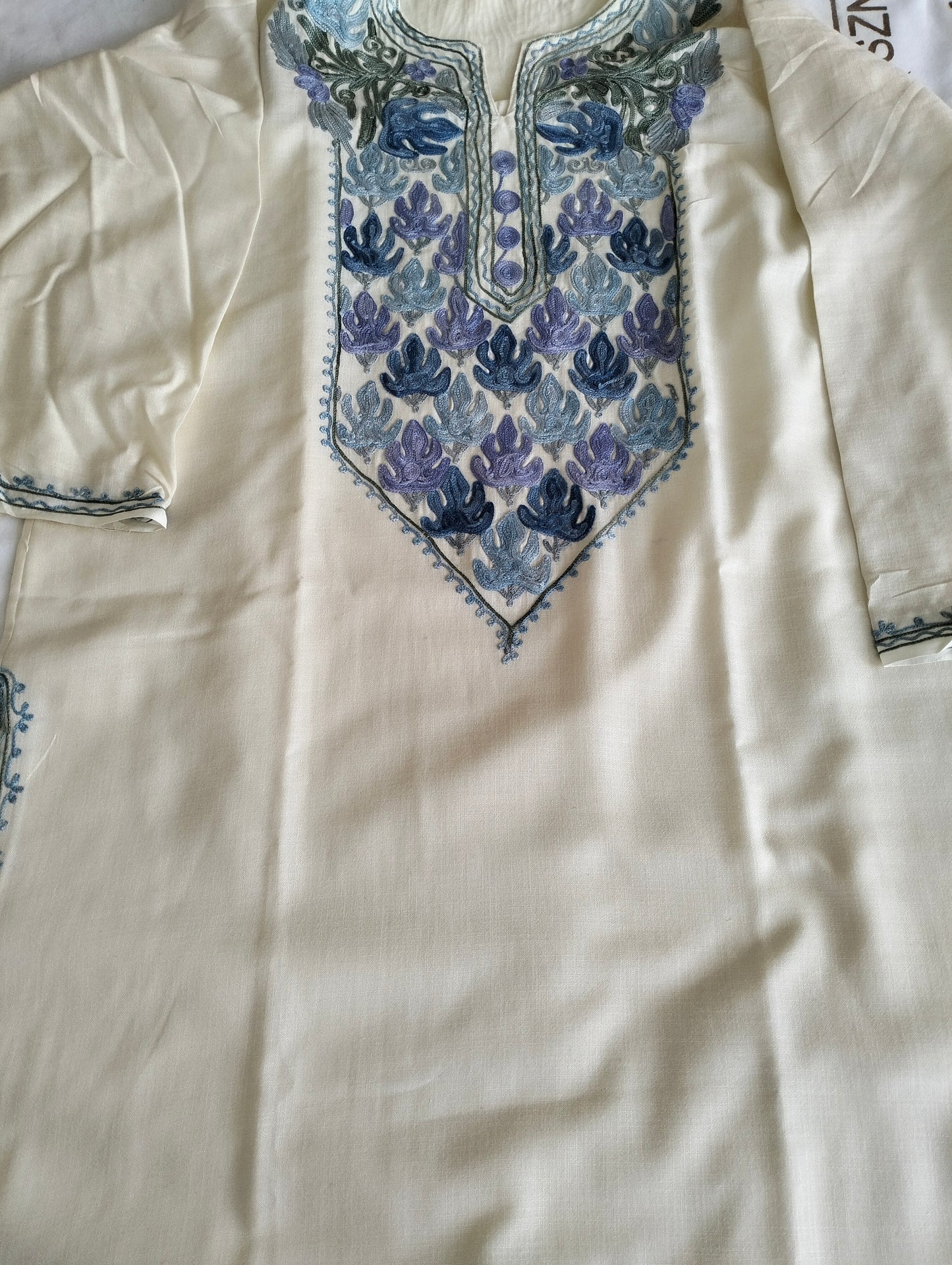 Kashmiri Aari work summer white cotton top, Kashmir Kaftan