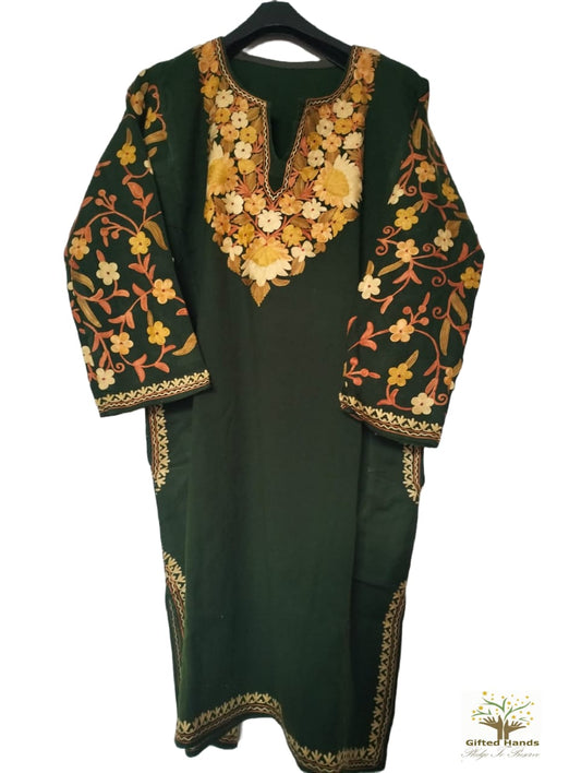 Bottle Green Aari work embroidered Pure Raffal Pheran