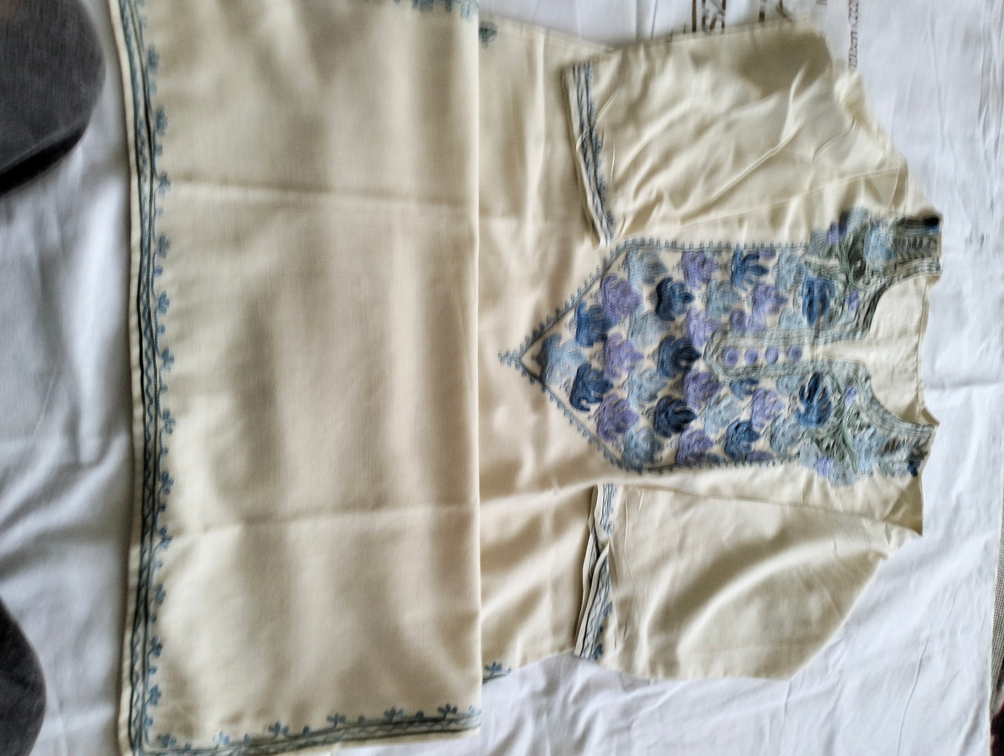 Kashmiri Aari work summer white cotton top, Kashmir Kaftan