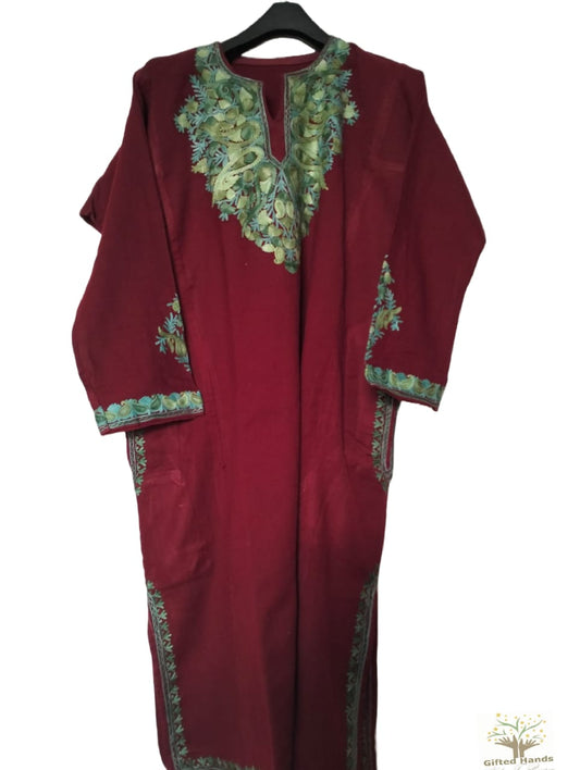 Red Aari work embroidered Pure Raffal Pheran