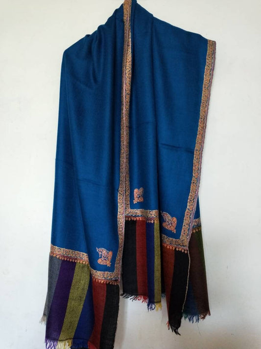 Handmade and Hand embroidered 100% pure torquoise with multi color Border kashmir pashmina hashidar shawl