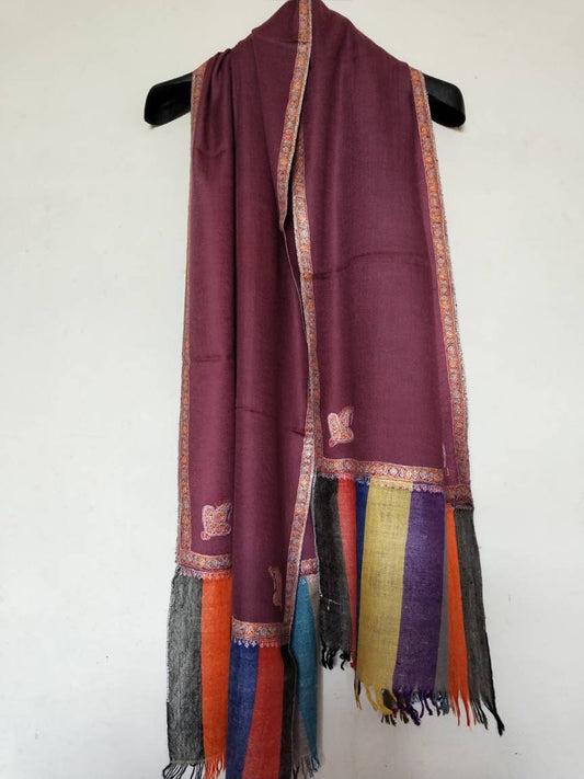 Handmade and hand embroidered 100% pure Kashmir pashmina hashidar shawl with multicolor border, meditation shawl,