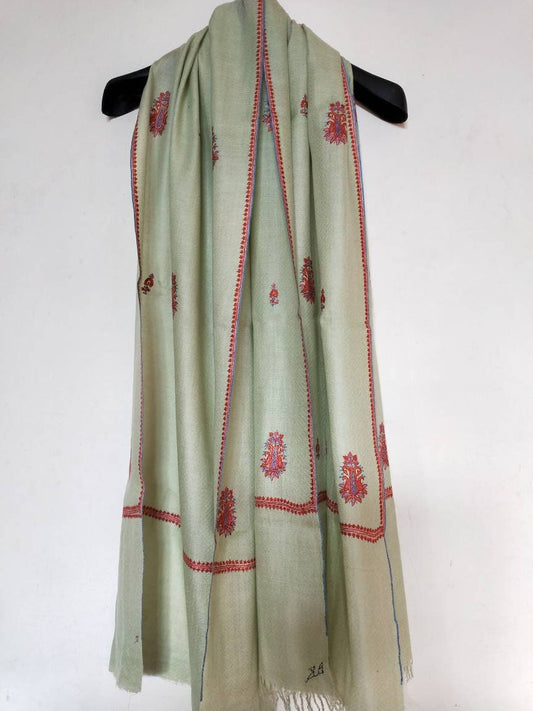 Handcrafted 100% pure kashmir pashmina women fashion accessory,anniversary wrap, light green bootidar Kashmir embroidery.