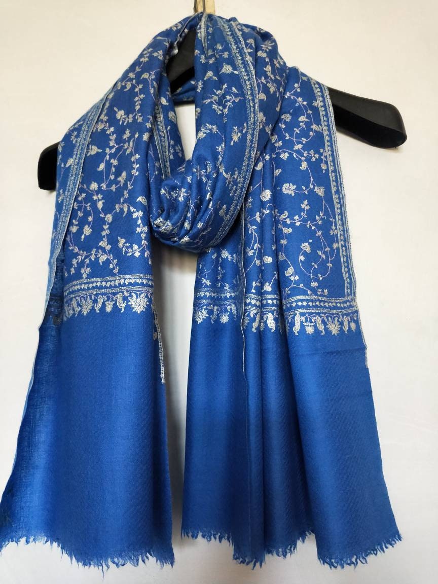 Handcrafted sozni embroidered royal blue all over jalli 100% Pure Kashmir pashmina shawl, wedding gift, anniversary wrap, gift for her.