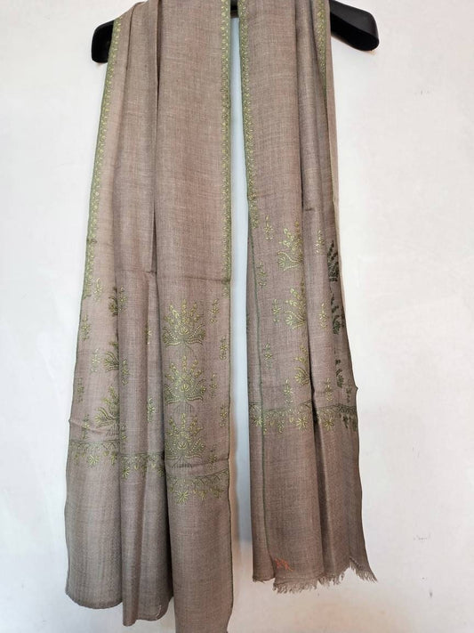 Handweaved and hand embroidered pure ladakh wool natural colour shawl.palla embroidered in light hues of olive and light green