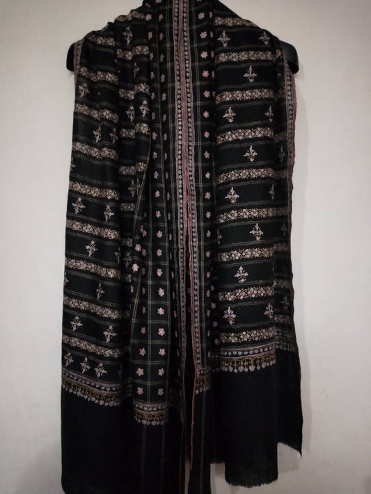 Handcrafted ladakh pashmina Black color new design sozni embroidery shawl. evening wrap, Christmas gift, newyear present,