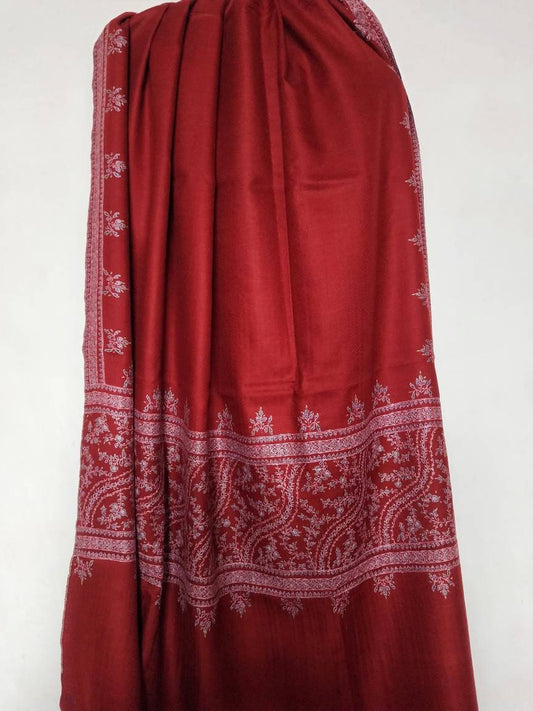 Handcrafted luxurious intricate sozni Palla embroidery on a maroon shawl, Gift that will last impression for decades, meditation big wrap