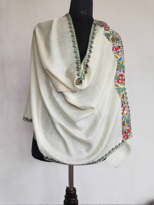 Handcrafted floral colourful sozni embroidery white kashmiri pashmina shawl, wedding scarf, anniversary gift, travel wrap,