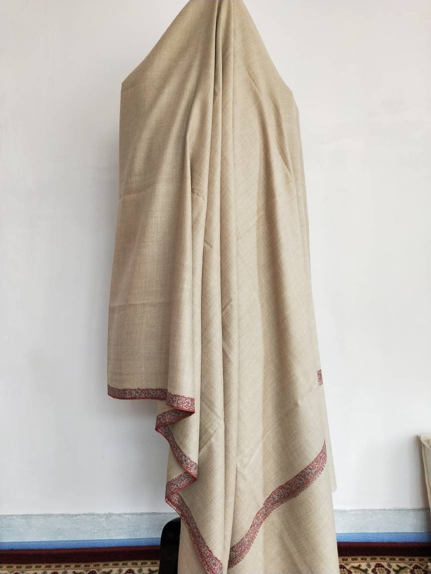 Pure and original extra large 140 x 275 sozni embroidered kashmiri pashmina meditation wrap, Beige fathers day gift luxurious cashmere