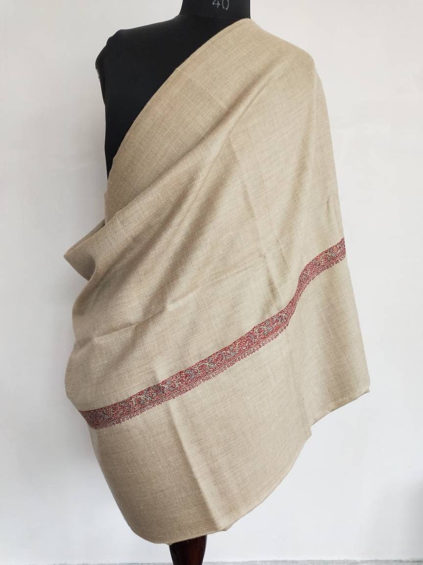 Pure and original extra large 140 x 275 sozni embroidered kashmiri pashmina meditation wrap, Beige fathers day gift luxurious cashmere