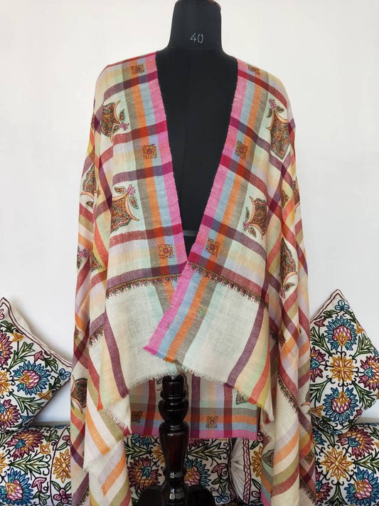 Sozni embroidered striped checkered multicolor Handmade Cashmere shawl, wedding shawl, anniversary wrap