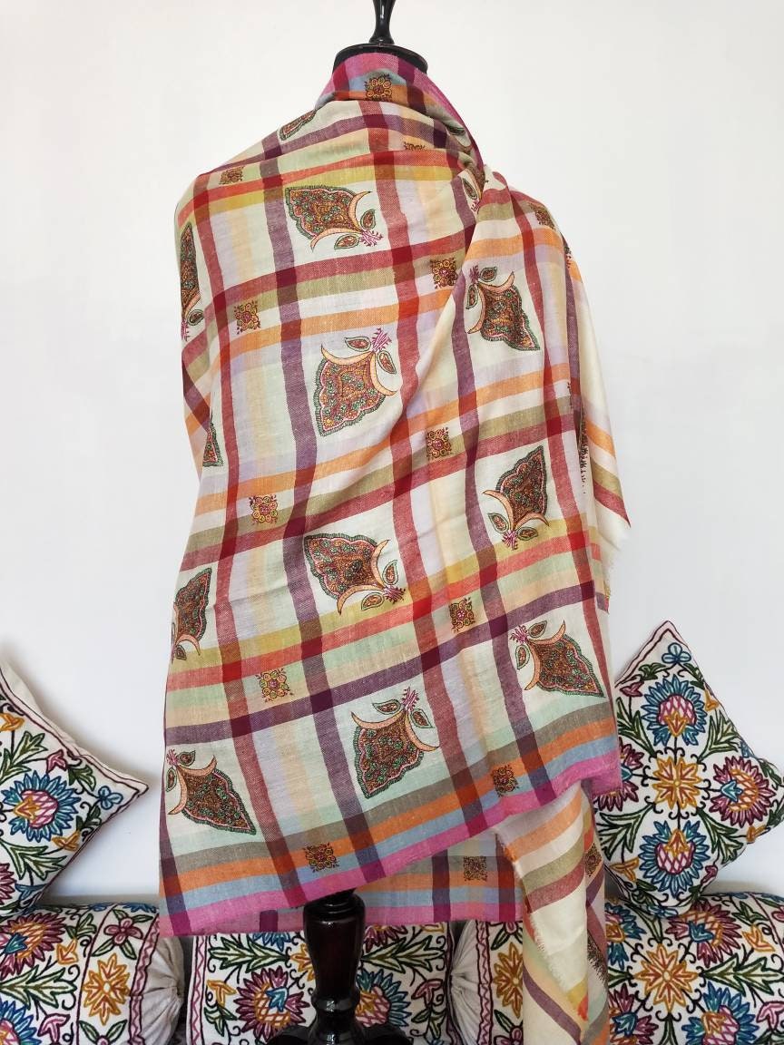 Sozni embroidered striped checkered multicolor Handmade Cashmere shawl, wedding shawl, anniversary wrap
