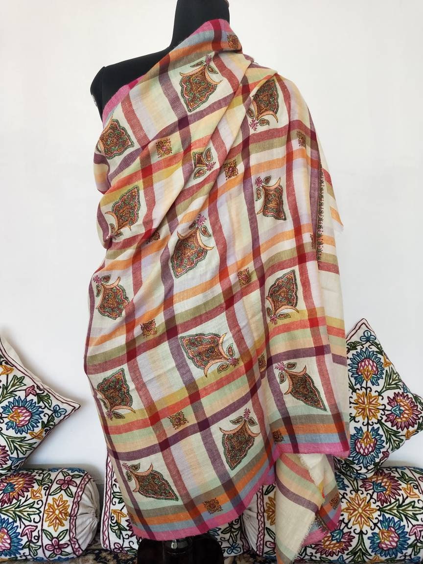Sozni embroidered striped checkered multicolor Handmade Cashmere shawl, wedding shawl, anniversary wrap