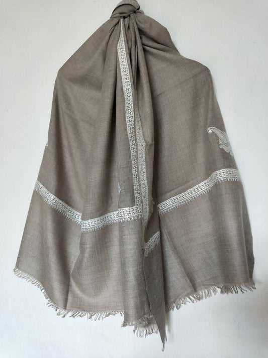 Hand woven Kashmiri pashmina  heirloom Tan shawl with silver tilla, any-occasion shawl, silhouettes party vibe oversized wrap 75 x 205 cm