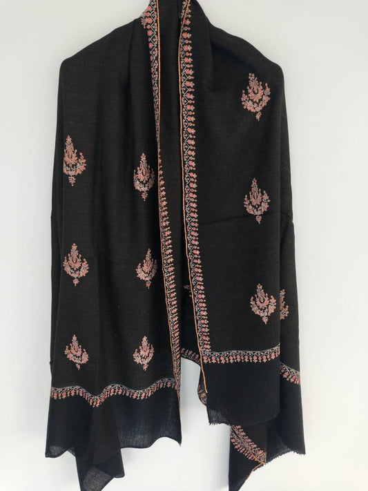 Premium and Niche black sozni embroidered wedding cashmere wrap, Christmas gift, Border and botah embroidered kashmiri pashmina shawl.