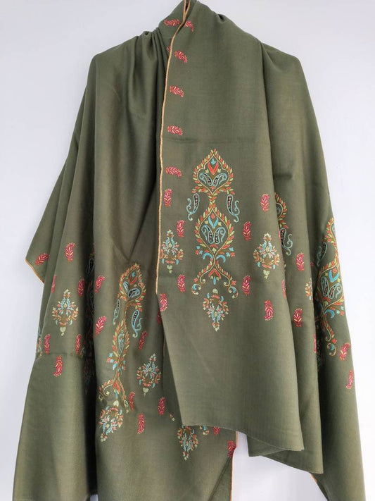 Premium and exclusive khaki green  kashmiri  pashmina sozni embroidered wedding cashmere, girlfriend' gift, coworkers shawl, christmas gift