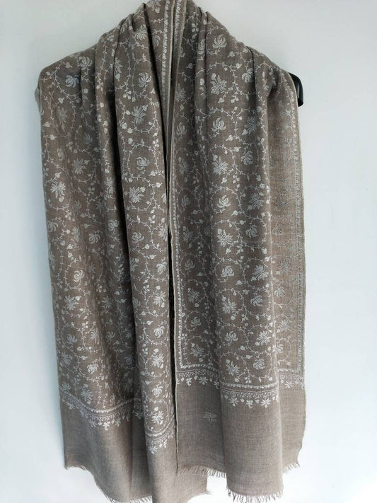 Handloom and hand embroidered 100% original kashmiri Pashmina Shawl, Tan color cashmere, Bridesmaid gift, wedding wrap, Valentine's gift.