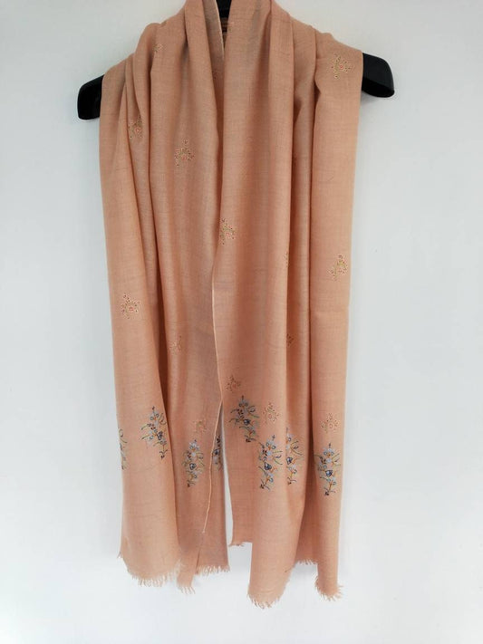 Baby cashmere Handweaved and hand embroidered scintillating peach kashmir pashmina shawl, anniversary scarf, valentine scarf, fashion wrap.