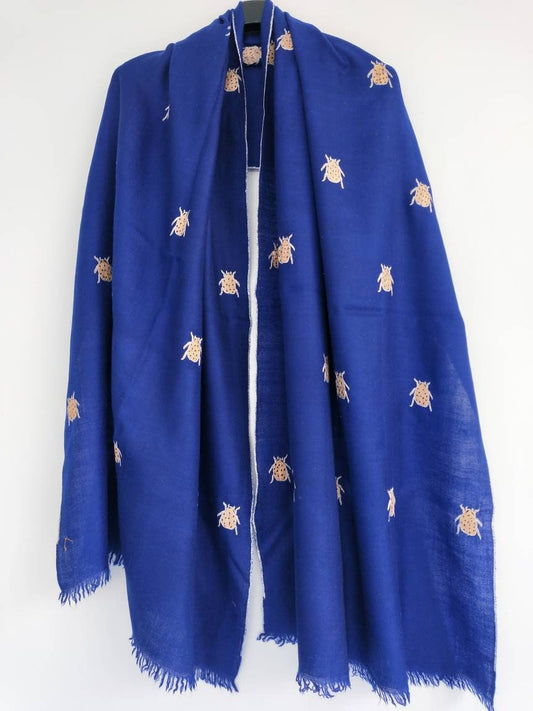 Handloom Blue Cashmere sozni  bootah embroidered shawl, anniversary present, meditation fashion scarf, Christmas gift, Valentine's gift