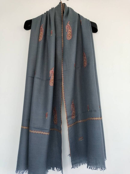 Handcrafted exclusive 100% pure kashmir pashmina Grey color shawl in paisley embroidery,luxurious cashmere,anniversary gift, Mother's gift