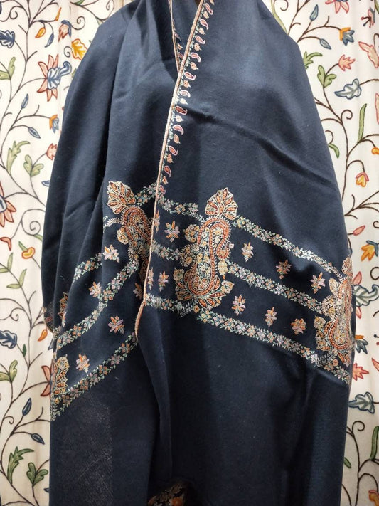 Handcrafted luxurious intricate sozni Palla embroidery on a Grey shawl, Gift that will last impression for decades, meditation stole