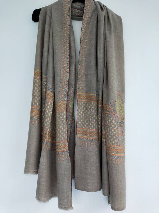 Handmade pure and original kashmiri pashmina sozni embroidered Natural Taupe shawl 14 micron softest and luxurious wedding gift
