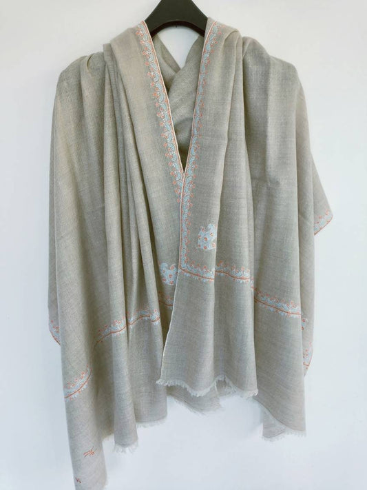 Handwoven sozni embroidered natural color kashmir pashmina shawl, wedding scarf, evening robe, anniversary super soft and luxurious wrap